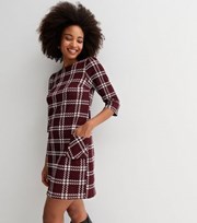 New Look Burgundy Jacquard Check 3/4 Sleeve Mini Tunic Dress